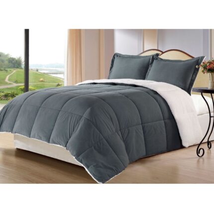 King size 3-Piece Sherpa Berber Throw Blanket Comforter Set in Grey