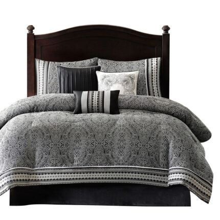 King size 7-Piece Comforter Set with Damask Pattern in Black White Gray