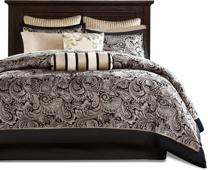 Queen 12 Piece Cotton Polyester Comforter Set Black Gold Paisley