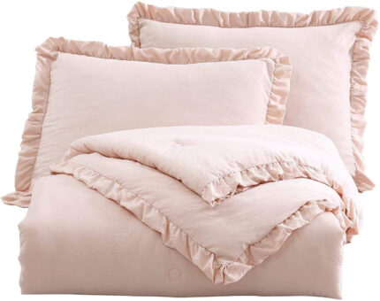 Queen Oversized Pink Ruffled Edge Microfiber Comforter Set