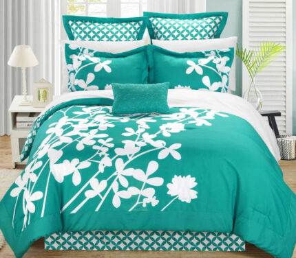 King size Turquoise 7-Piece Floral Bed in a Bag Comforter Set