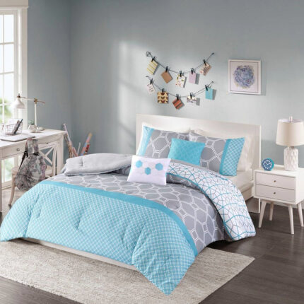 Full / Queen size 5-Piece Teal Blue Grey White Geometric Comforter Set