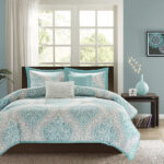 Full / Queen size 5-Piece Damask Comforter Set in Light Blue White and Grey