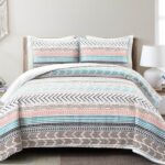 Full/Queen Scandinavian Chevron Teal White Orange Reversible Cotton Quilt Set