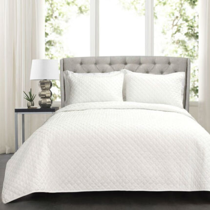 Full/Queen White 100% Cotton Square Stitch Quilt Set