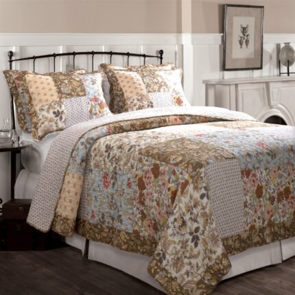 King Cotton Quilt Set in Blue Brown Peach Floral Patchwork Pattern