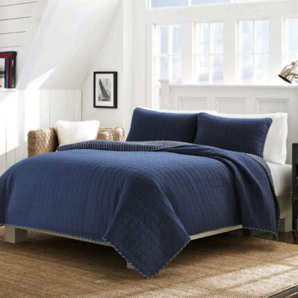 King Indigo Blue Navy Reversible 100% Cotton Square Stitch Quilt Set