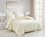 Full Size Ivory Microfiber 3-Piece Comforter Set with Ruffled Edge Trim