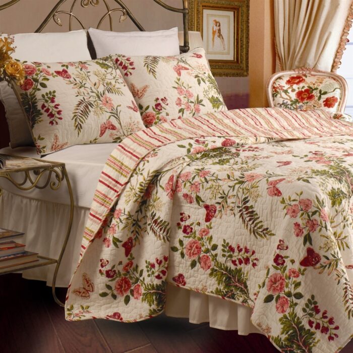 King size 3-Piece Cotton Quilt Set in Pink Beige Floral Butterflies