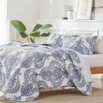 King Size Soft Microfiber Reversible Blue/White Baroque Floral Design Quilt Set