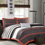 Twin / Twin XL Comforter Set in Dark Gray Orange White Stripes