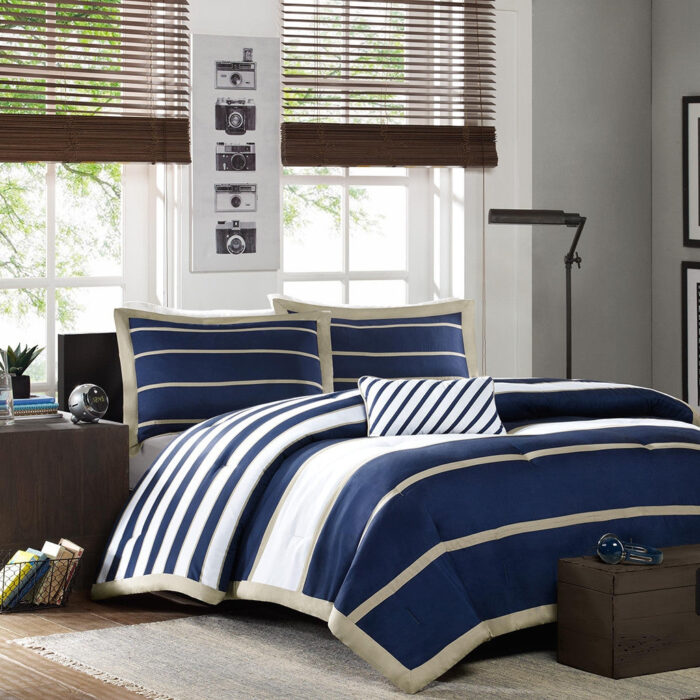 Twin / Twin XL Comforter Set in Navy White Khaki Stripes