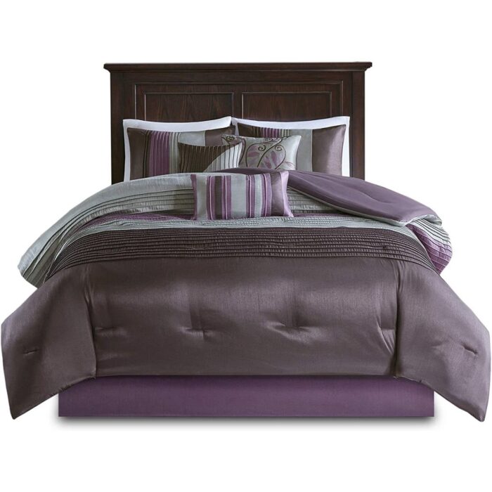 King Size 7 Piece Bed In A Bag Comforter Set Faux Silk Purple Gray Stripes