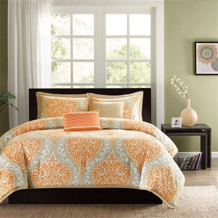 Queen size 5-Piece Orange Damask Print Comforter Set