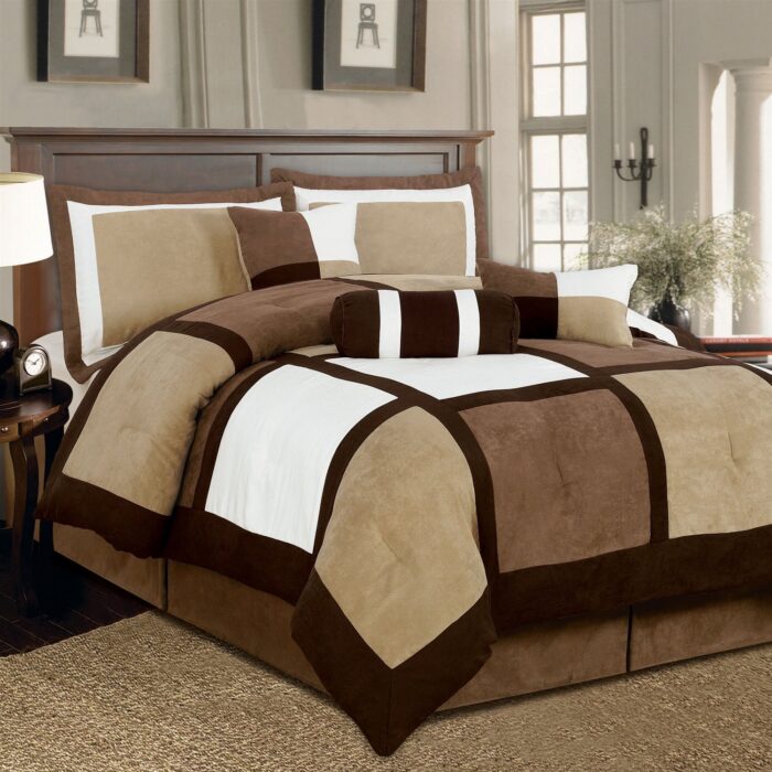 King size 7-Piece Bed in a Bag Patchwork Comforter set in Brown White