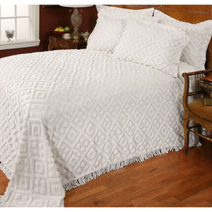 Twin size 100% Cotton Bedspread with White Diamond Pattern and Fringed Edges