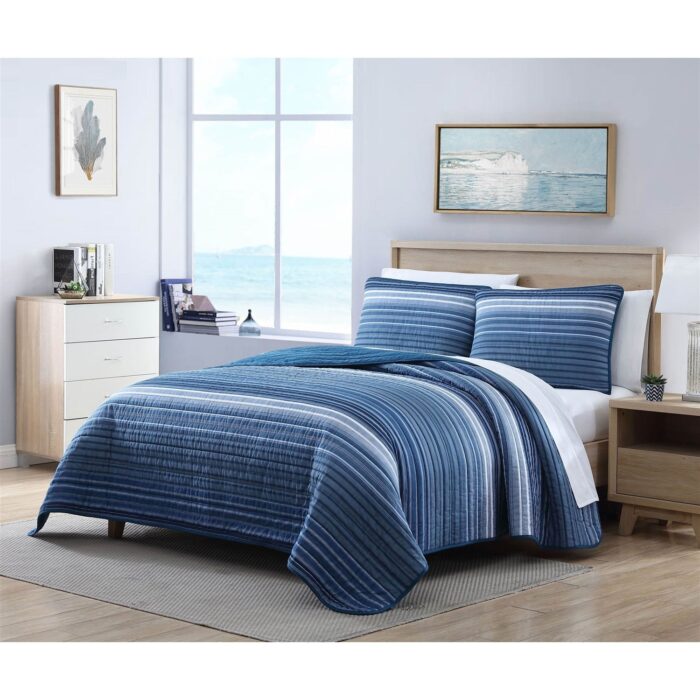 Twin Size Coastal Blue Stripe Reversible Cotton Quilt Set