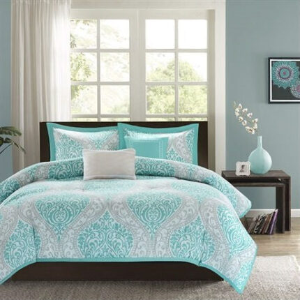 Twin / Twin XL Aqua Teal Turquoise Blue White Modern Damask Comforter Set