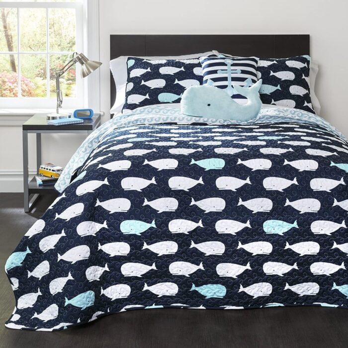 Full/Queen 5 Piece Bed In A Bag Navy Teal Microfiber Waves Whales Quilt Set