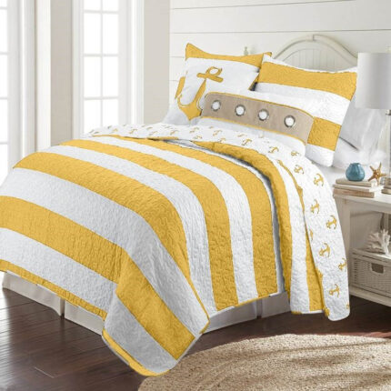 King 3 Piece Nautical Striped Anchors Reversible Microfiber Quilt Set Yellow